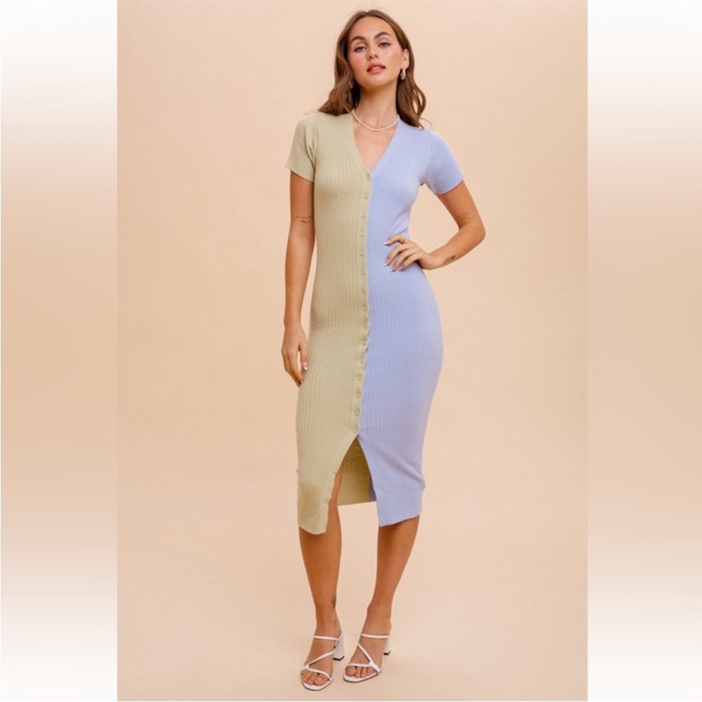 Hem & Thread Two-Tone Midi Dress in Pastel Green and Blue